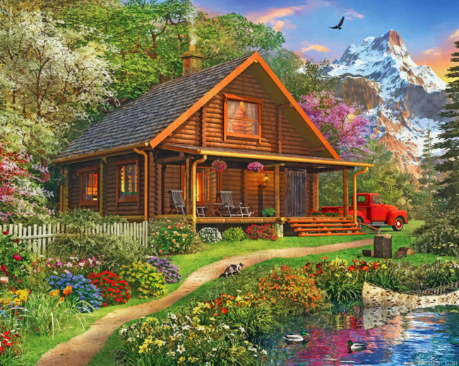 Log Cabin In Forest Paint By Numbers.png