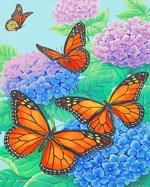 Monarch Butterflies And Blue Flowers Paint By Number.png