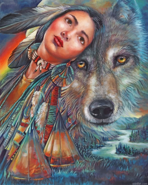 Native American With Wolf Paint By Numbers.png