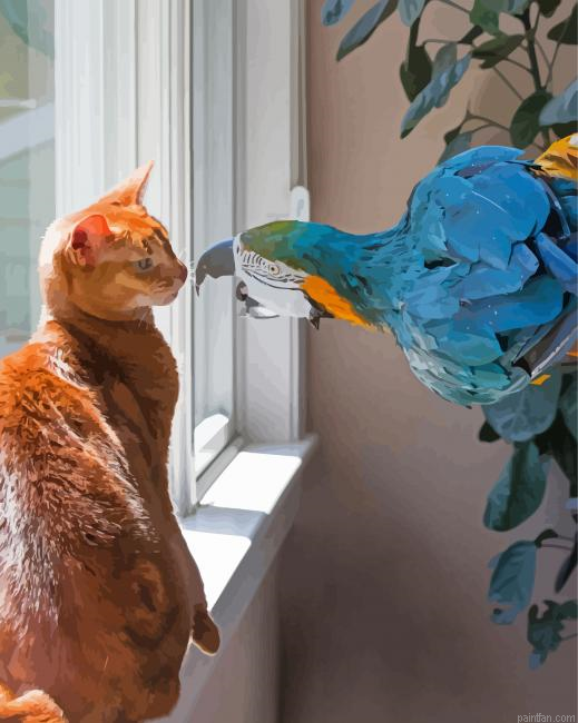 Orange Cat With Colorful Parrot Paint By Numbers.png