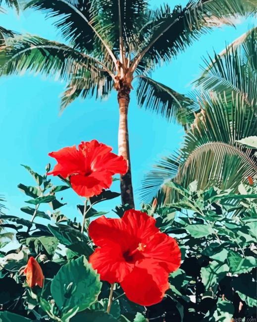 Palms And Red Flowers Paint By Numbers.png