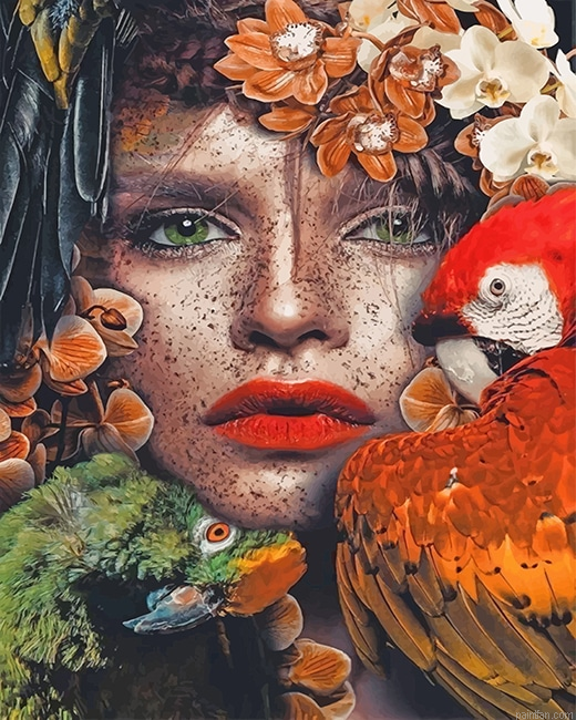 Parrots Woman Flowers New Paint By Numbers.png