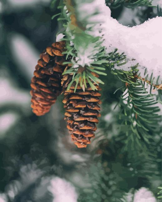Pinecone In Snowy Tree Paint By Numbers.png
