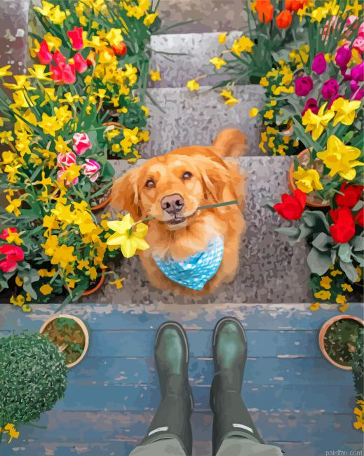 Puppy And Flowers Paint By Number.png