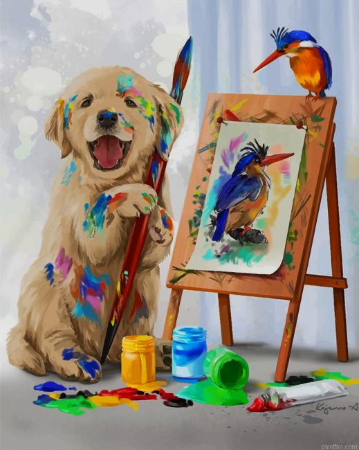Puppy Drawing His Woodpecker Friend New Paint By Numbers.png