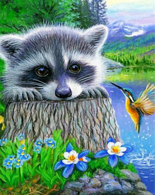 Raccoon And Hummingbird Paint By Number.png