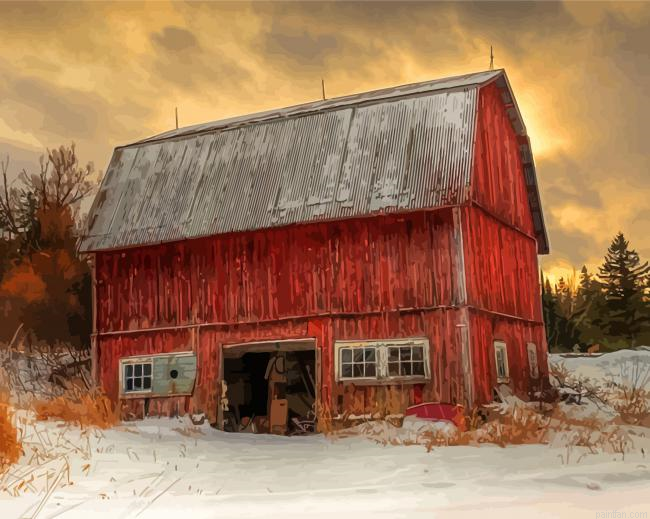 Red Barn In Winter Paint By Numbers.png
