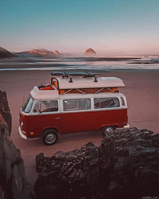 Red Campervan In The Beach New Paint By Numbers.png