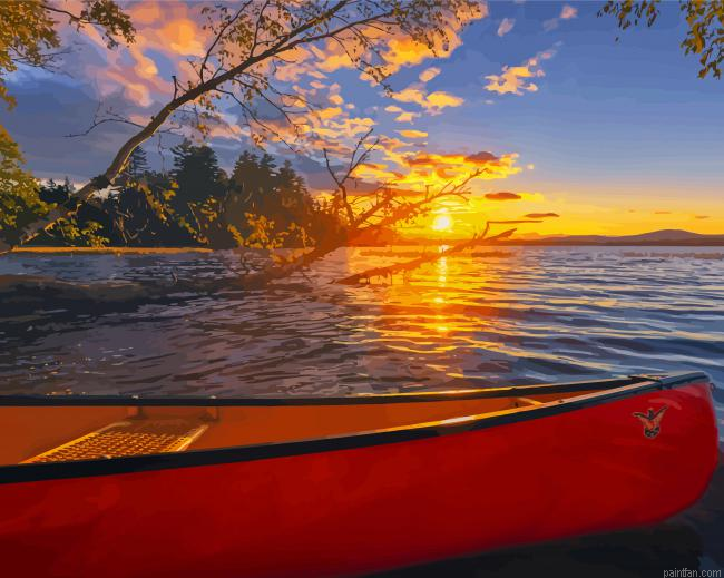 Red Canoe At Sunset Paint By Numbers.png