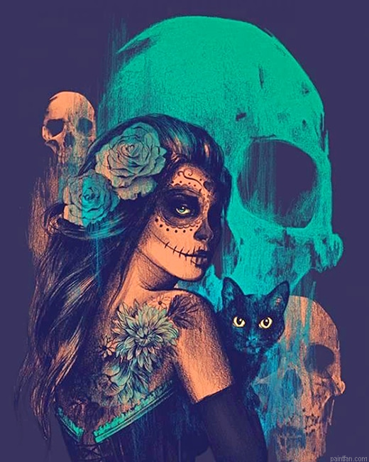 Skull Woman With Her Cat New Paint By Numbers.png