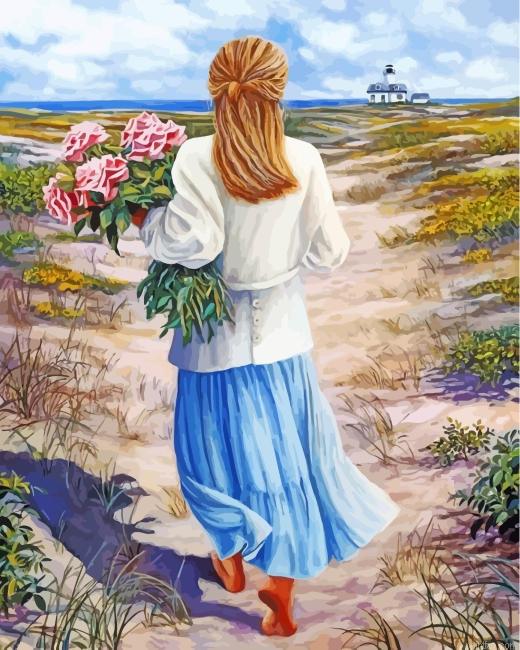 Soft Woman Holding Pink Flowers Paint By Number.png