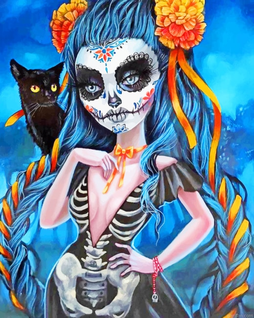 Sugar Skull Woman With A Black Cat New Paint By Numbers.png