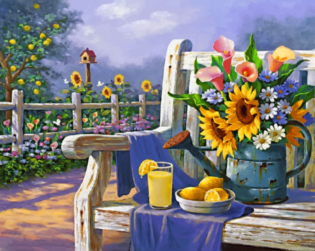 Sunflowers And Lemon On Bench Paint By Numbers.png