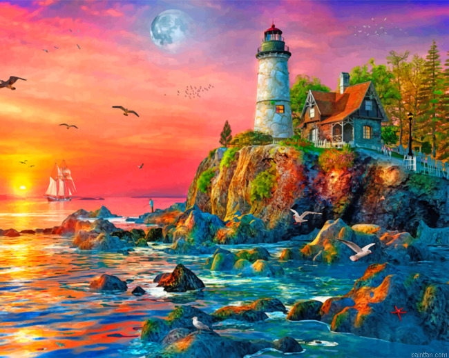 Sunset Ocean Lighthouse Paint By Numbers.png