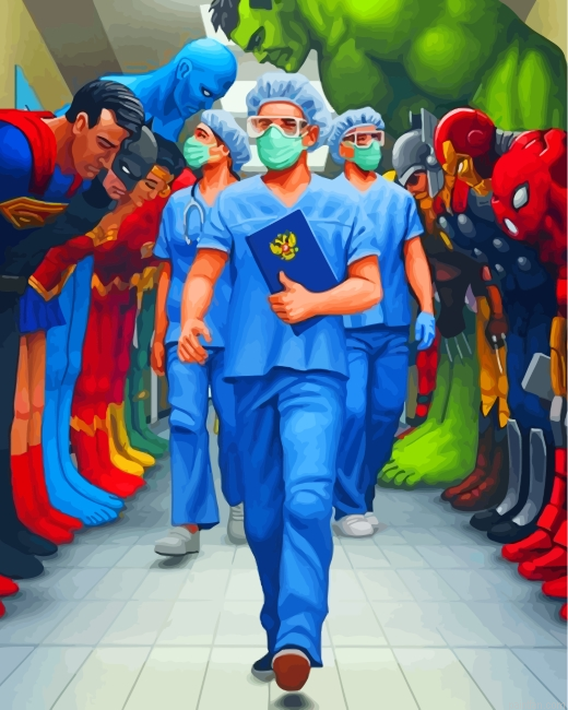 Superheroes Bowing To Nurses Paint By Number.png