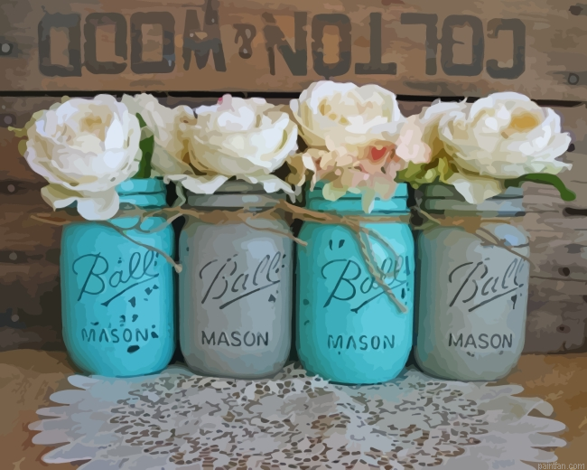 Turquoise Ball Jars With White Flowers Paint By Numbers.png