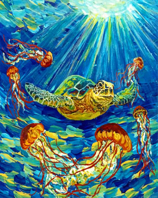 Turtle And Jellyfishes Paint By Number.png
