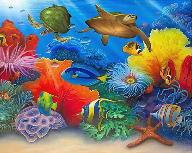 Turtles And Fishes In Sea Paint By Numbers.png