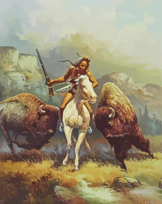 Two Buffalos And Indian Paint By Numbers.png