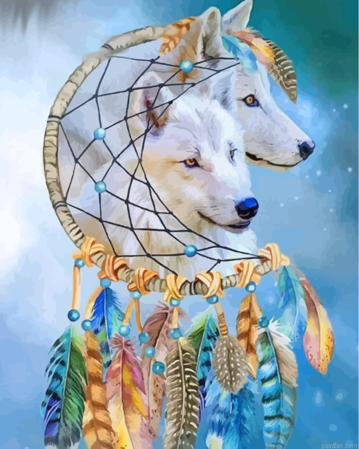 White Wolves With Dream Catcher Paint By Number.png