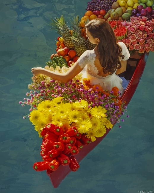 Woman On A Boat Full Of Flowers And Fruits New Paint By Numbers.png