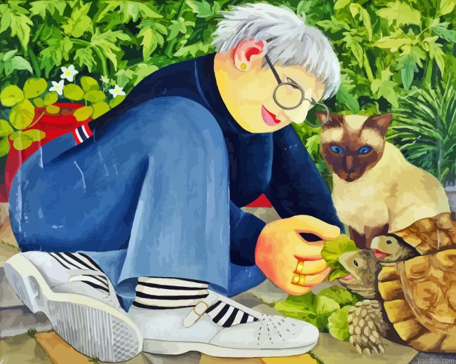 Woman With Cat And Turtles Paint By Numbers.png