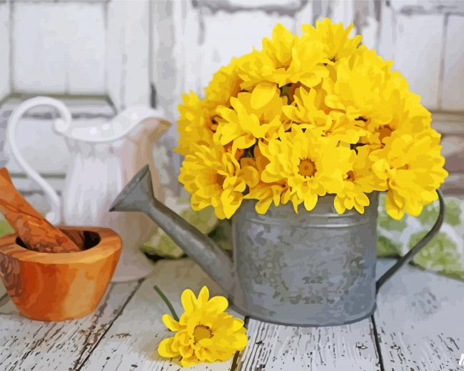 Yellow Flowers In Watering Pail Paint By Number.png